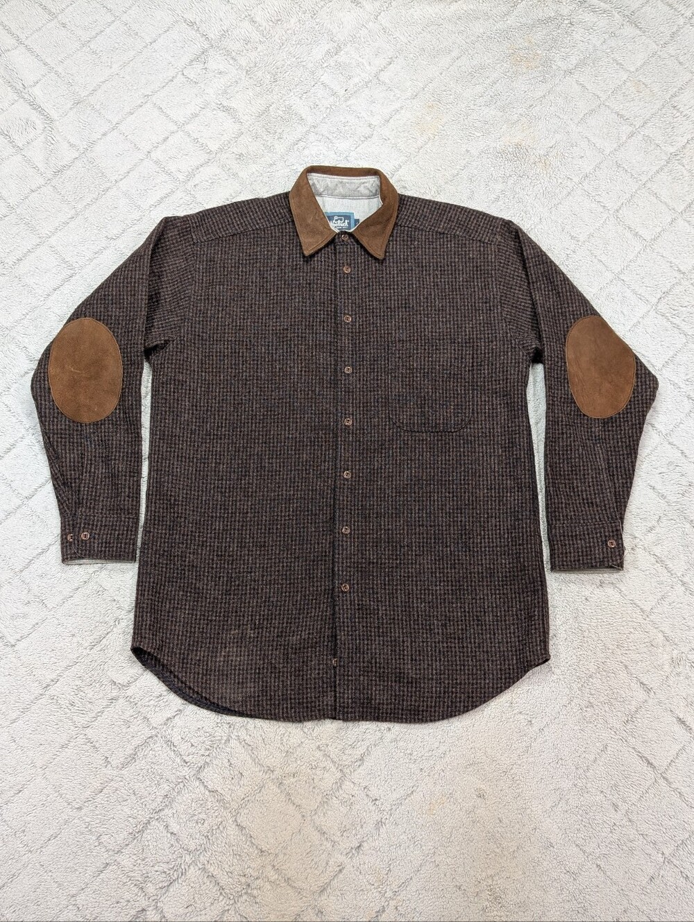 Vtg Woolrich Shirt Mens L Brown Check Wool Shacket Leather Trim Hunt Work USA